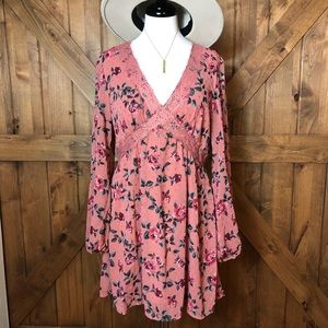 Boho long Sleeve Floral Pink Rose Mini Dress